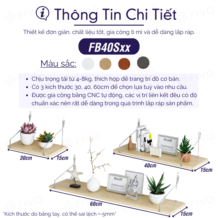 Kệ Treo Tường Trang Trí  Không Cần Khoan FIVO FB40  Móc Treo Inox Dễ Dàng Gắn Lên Tường, Sang Trọng Hiện Đại (Màu Gỗ, Nâu) - Hàng Chính Hãng