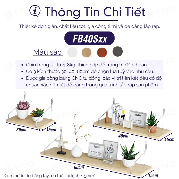 Kệ Gỗ Treo Tường Trang Trí Gỗ MDF FIVO FB40 Dễ Dàng Gắn Tường Không Cần Khoan - Hàng Chính Hãng