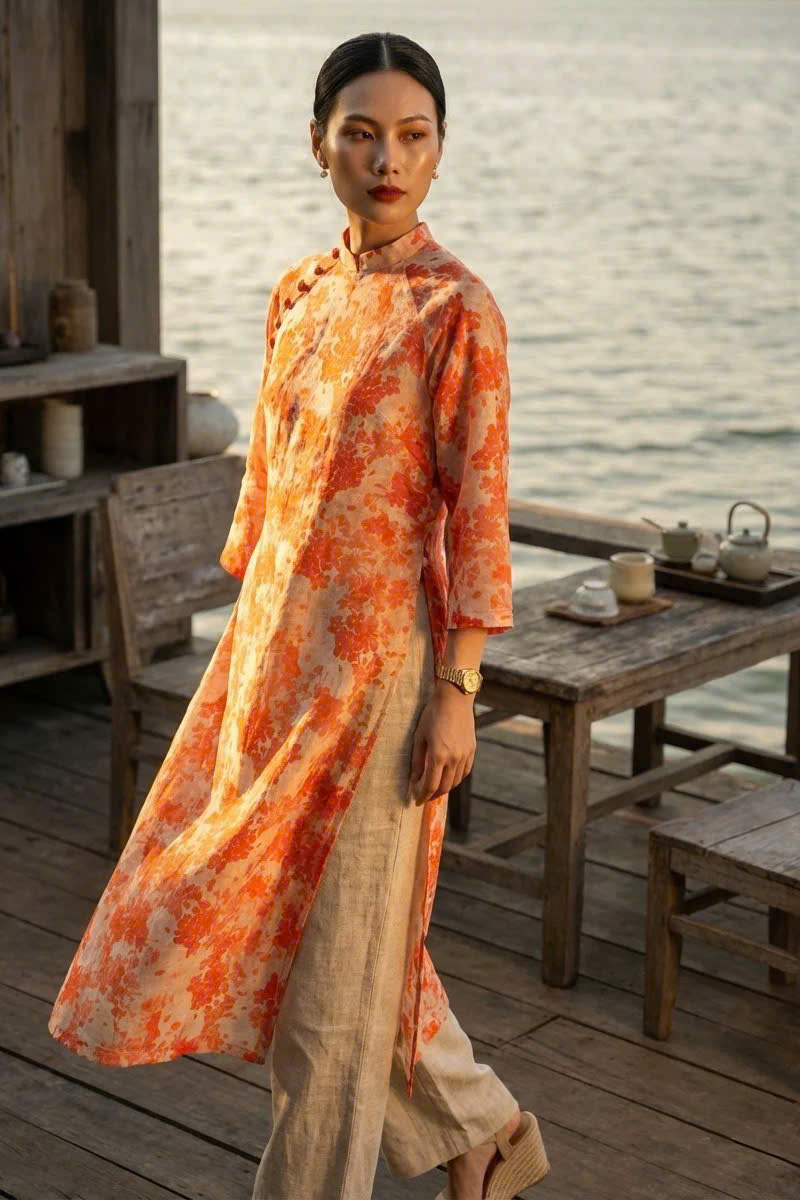 Áo Dài Suông Tay Raglan Vải Gai Xanh Ramie Hoa ADA001 thời trang thiết kế Hity