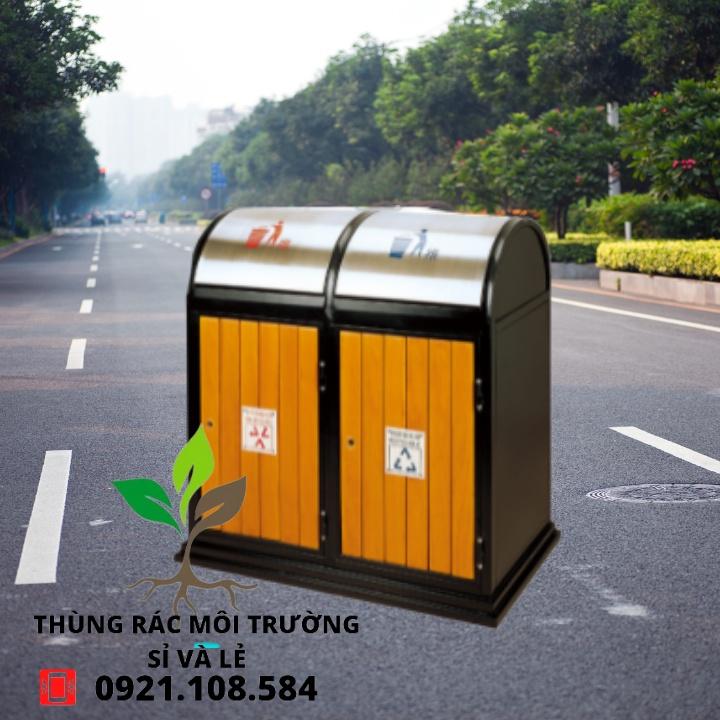 THÙNG RÁC NGOÀI TRỜI 2 NGĂN GIẢ GỖ