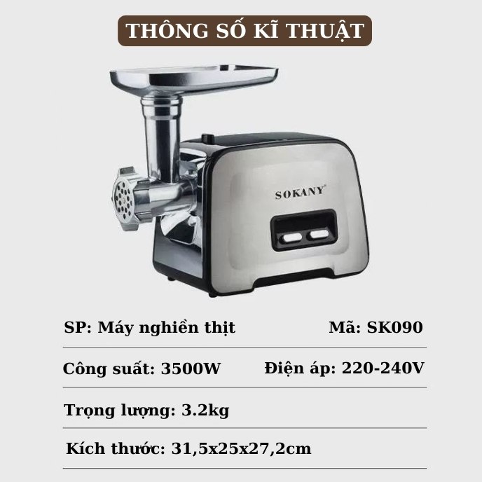 Máy xay nhồi thịt đa năng SOKANY SK-090, công suất 3200W, vừa xay thịt, vừa đùn thịt, nhồi lạp xưởng, xúc xích tại nhà - HÀNG CHÍNH HÃNG