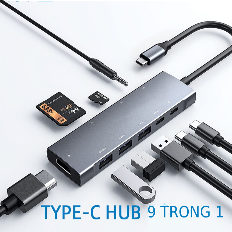 Bộ Chia Hub USB Type C Ra 9 Cổng USB 3.0, HDMI, sạc PD, thẻ SD, TF, tai nghe 3.5mm