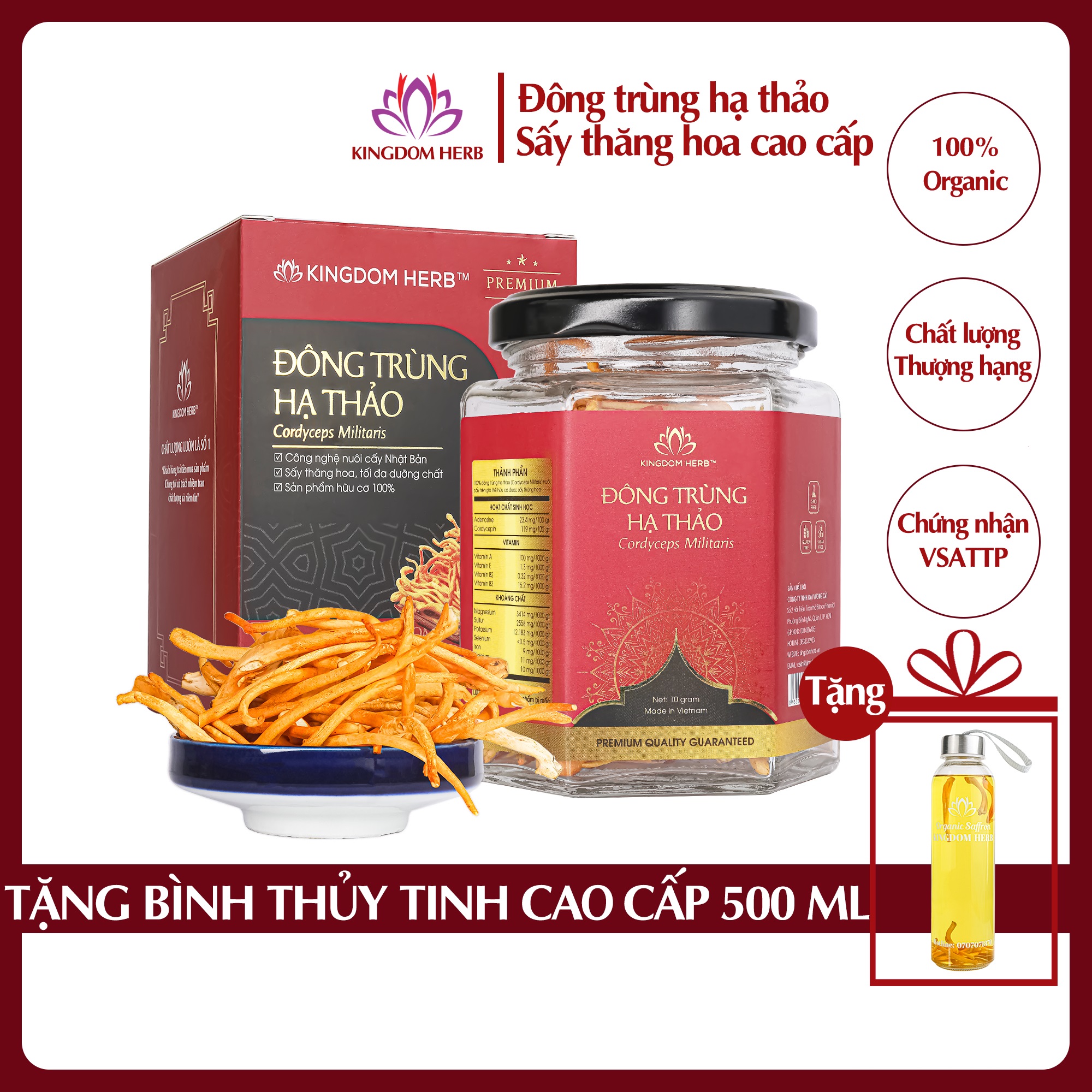 Đông trùng hạ thảo Kingdom Herb chính hãng loại thượng hạng sấy thăng hoa hộp 10 gram