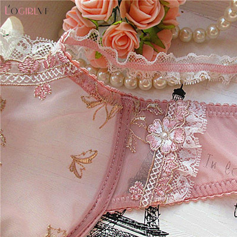 Logirlve Thêu Tinh Tế Màu Hồng Sen Siêu Mỏng Gợi Cảm Trong Suốt Ren Quần Lót Bộ Áo Ngực