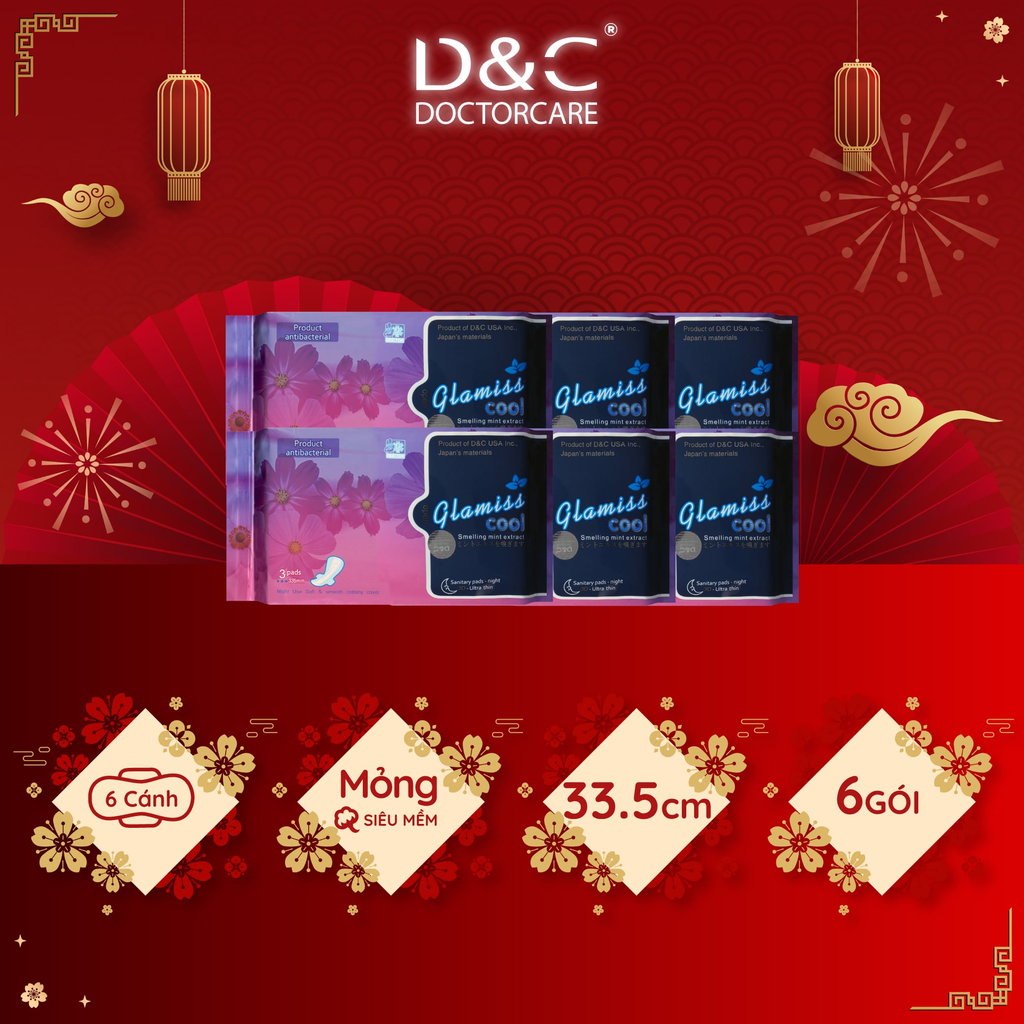 Combo 6 Băng vệ sinh ban đêm Glamiss Cool thảo dược 33.8cm siêu mát siêu khô thoáng