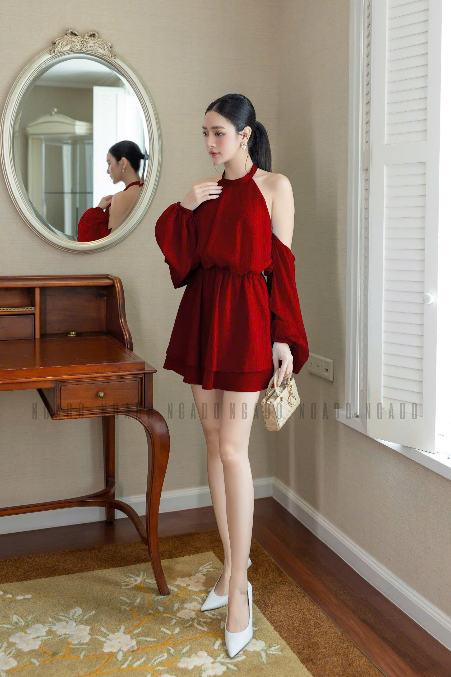 Đầm đỏ cổ yếm NGADO , đầm yếm Nữ , đầm dự tiệc