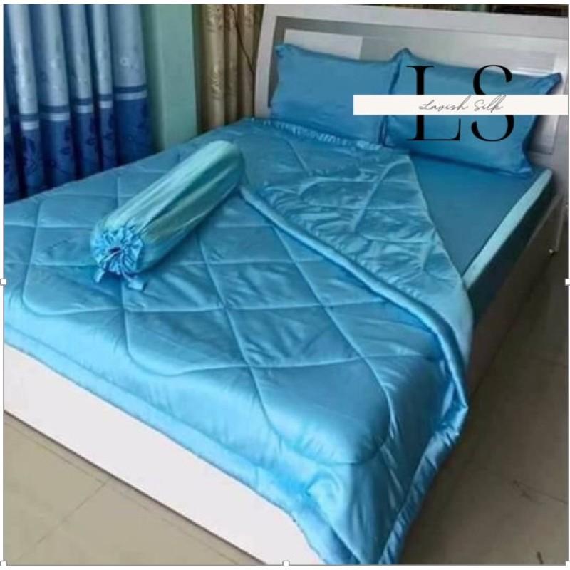 Trọn Bộ Chăn Ga Gối Phi Lụa Lavish Silk Cao Cấp Mát Lạnh Hàng Loại 1 Không Nối Vải -Xanh Da Trời