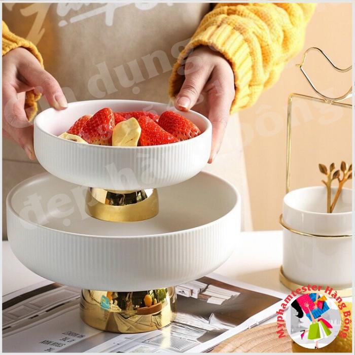 Đĩa bồng sứ chân vàng xanh lục ngọc bảo hoặc trắng, đủ size