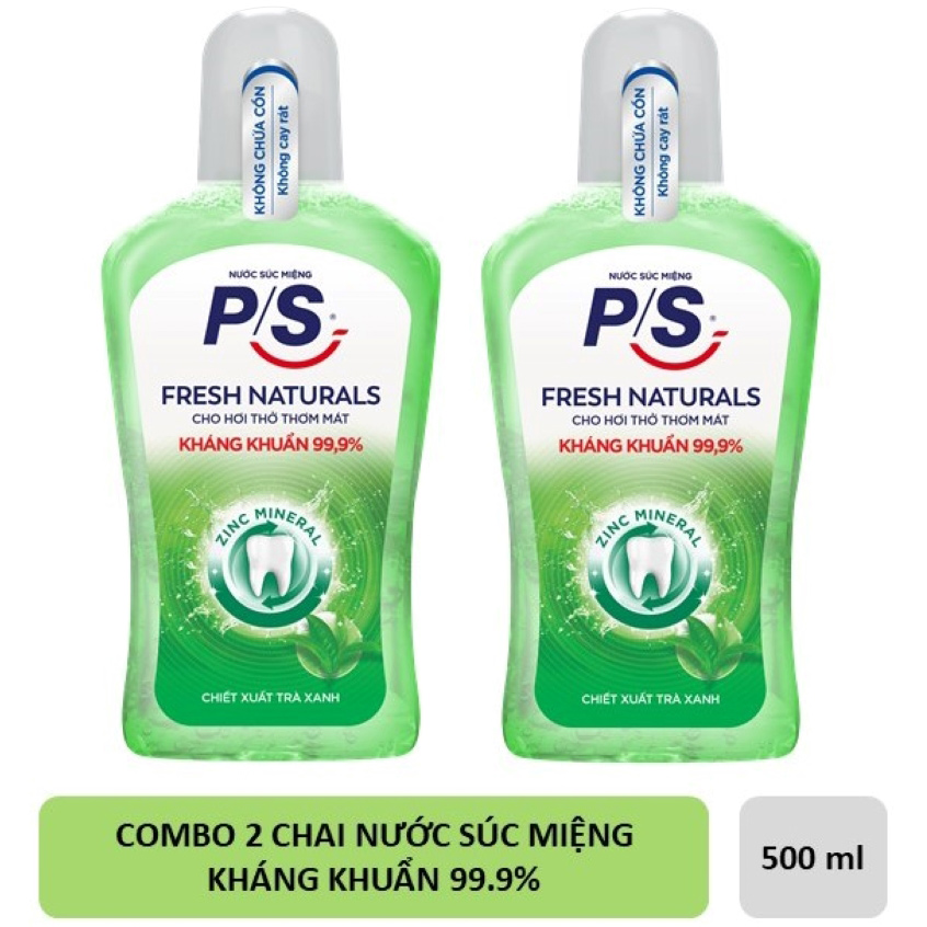 Combo 2 Nước súc miệng P/S Cho hơi thở thơm mát Công thức Zinc Mineral kháng khuẩn đến 99,9%* 500ml