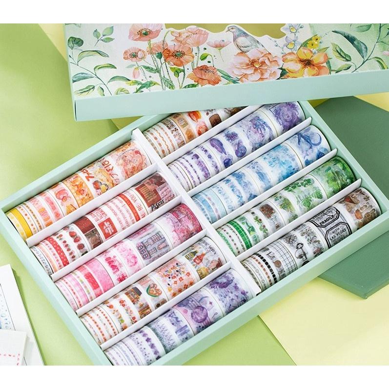 Băng keo Washi Tape sticker dễ thương vintage cổ trang phong cảnh trang trí sổ FULL HỘP