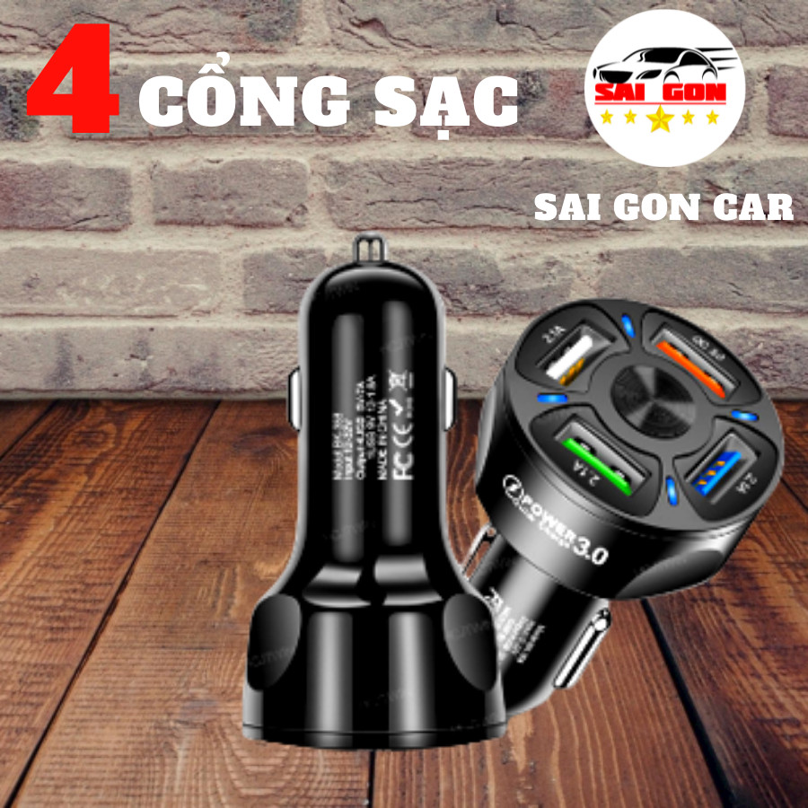 Tẩu sạc nhanh ô tô chia 4 cổng sạc, có tích hợp đèn led, hỗ trợ sạc nhanh QC 3.0, điện áp đầu vào 12V đến 32V