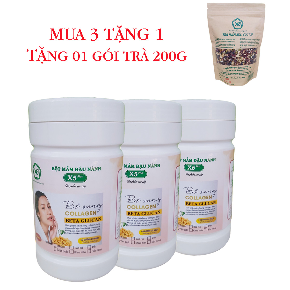 Combo 3 Hộp Bột Mầm Đậu Nành X5 Có Bổ Sung Collagen, Betaglucan (Tặng trà mầm ngũ cốc X5- 200gr)