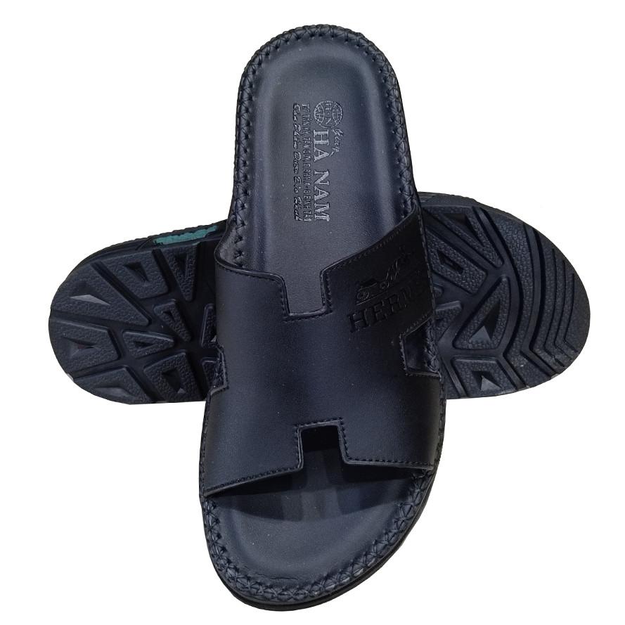 Dép Nam Da Bò HA NAM Đế Siêu Nhẹ Khâu Chỉ Toàn Bộ DNA22041 - Màu Đen