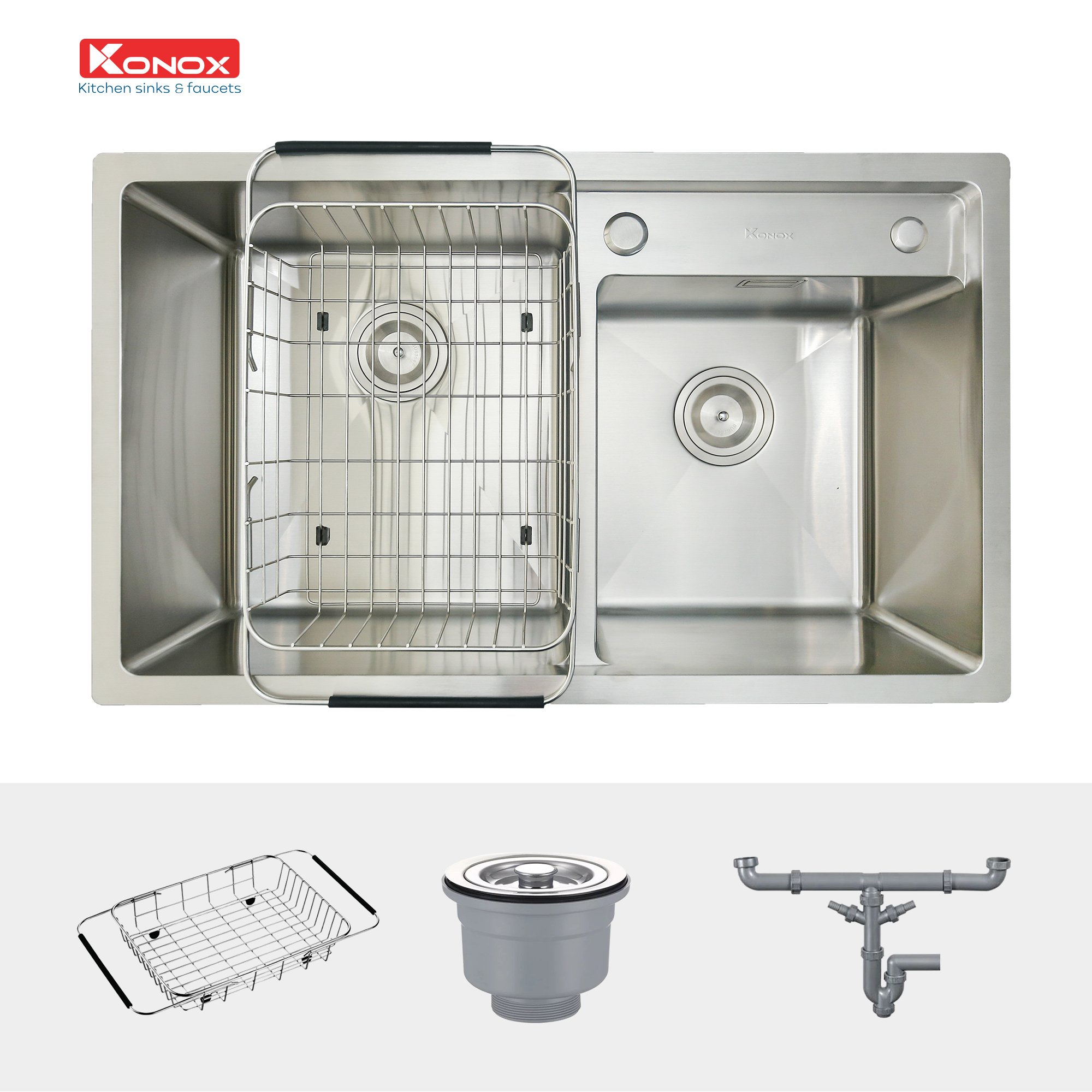 Chậu rửa bát Konox, Overmount Series, Model KN8248DO, Inox 304AISI tiêu chuẩn châu Âu, 820x480x228(mm), Full set gồm Siphon + giá úp bát inox, Hàng chính hãng