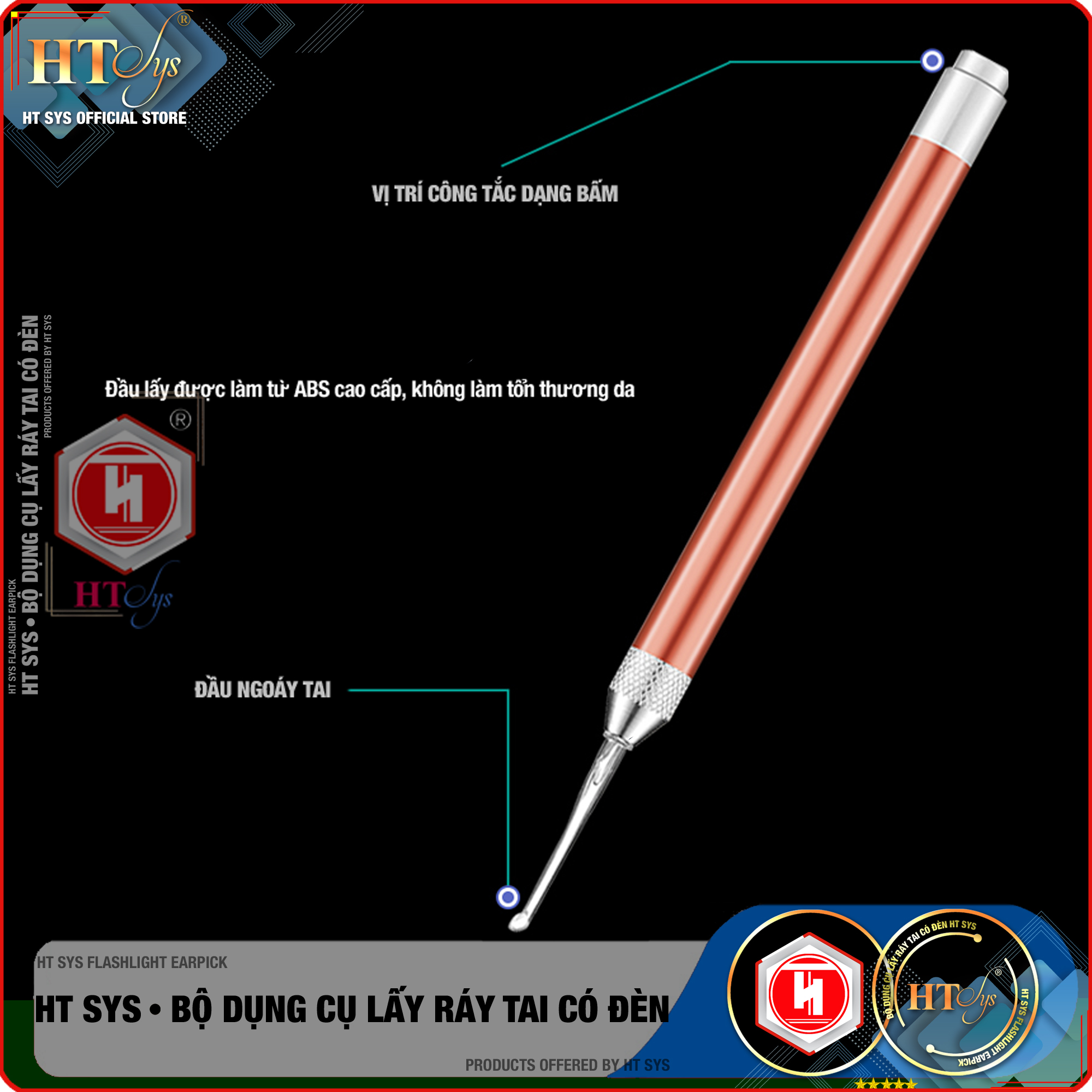 Bộ Dụng Cụ Lấy Ráy Tai HT SYS Flashlight Earpick - Bộ Ngoáy Tai Tích Hợp Đèn Led Cao Cấp - An Toàn, Tiện Lợi Cho Bé và Gia Đình