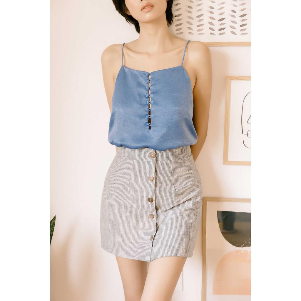Scarlett House_Váy Linen Sọc Xám Nút Gỗ
