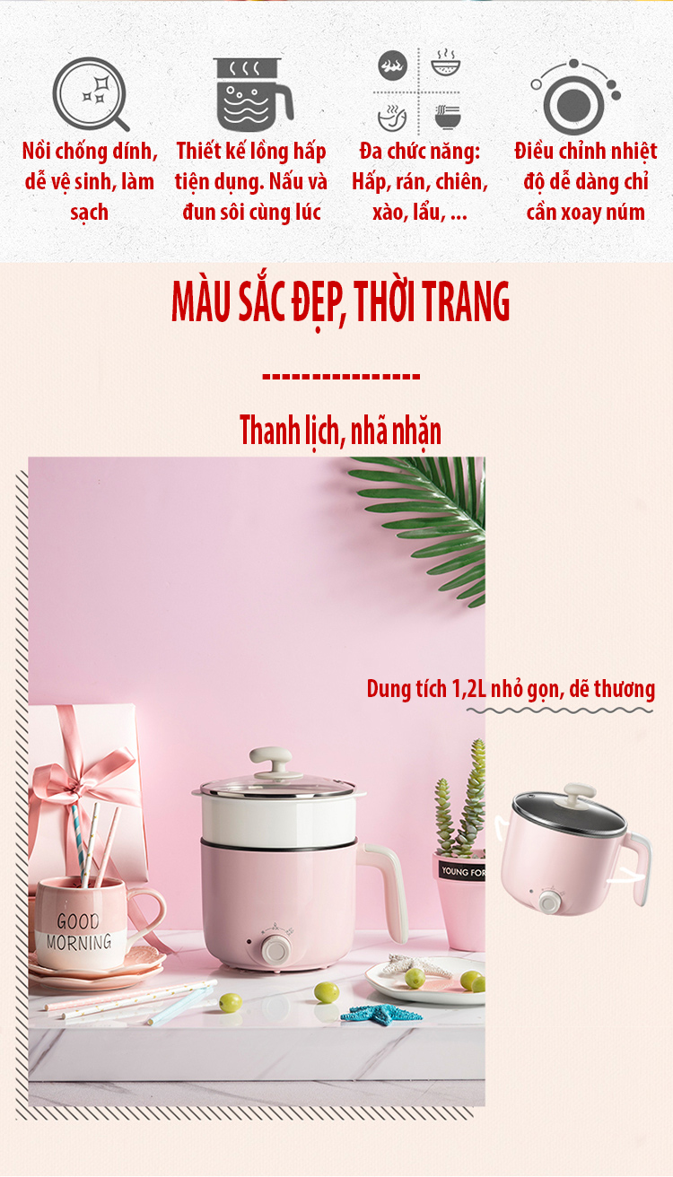 Nồi điện hầm cháo, nấu mỳ, nồi lẩu mini đa năng DRG-C12K1 (Hàng nội địa) tặng ổ cắm 3 chấu