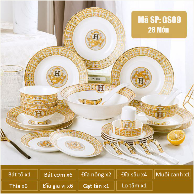 Bộ bát 6 người ăn 28 món chất SỨ XƯƠNG Giang Tây cao cấp - Sứ mỏng nhẹ nhưng cứng và trong, cách nhiệt tốt GS09