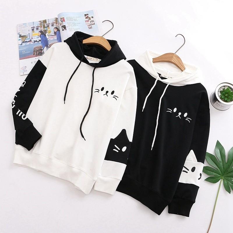 Áo khoác nỉ tay dài in hình mèo con có nón phía sau || Hany Shop