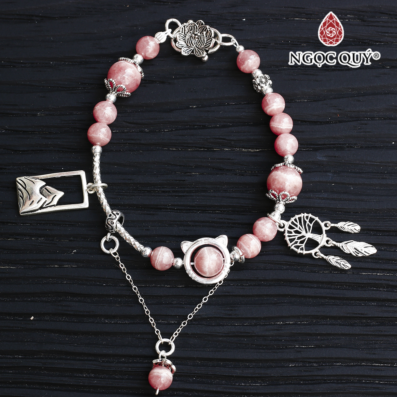 Vòng tay đá đào hoa rhodochrosite 8mm phối charm deamcatcher bạc 925 mệnh hỏa , thổ - Ngọc Quý