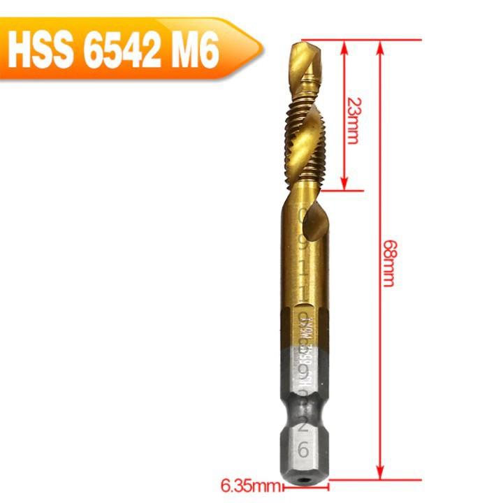 Bộ 6 mũi khoan taro ren HSS 6542 M3-M10 phủ Titanium