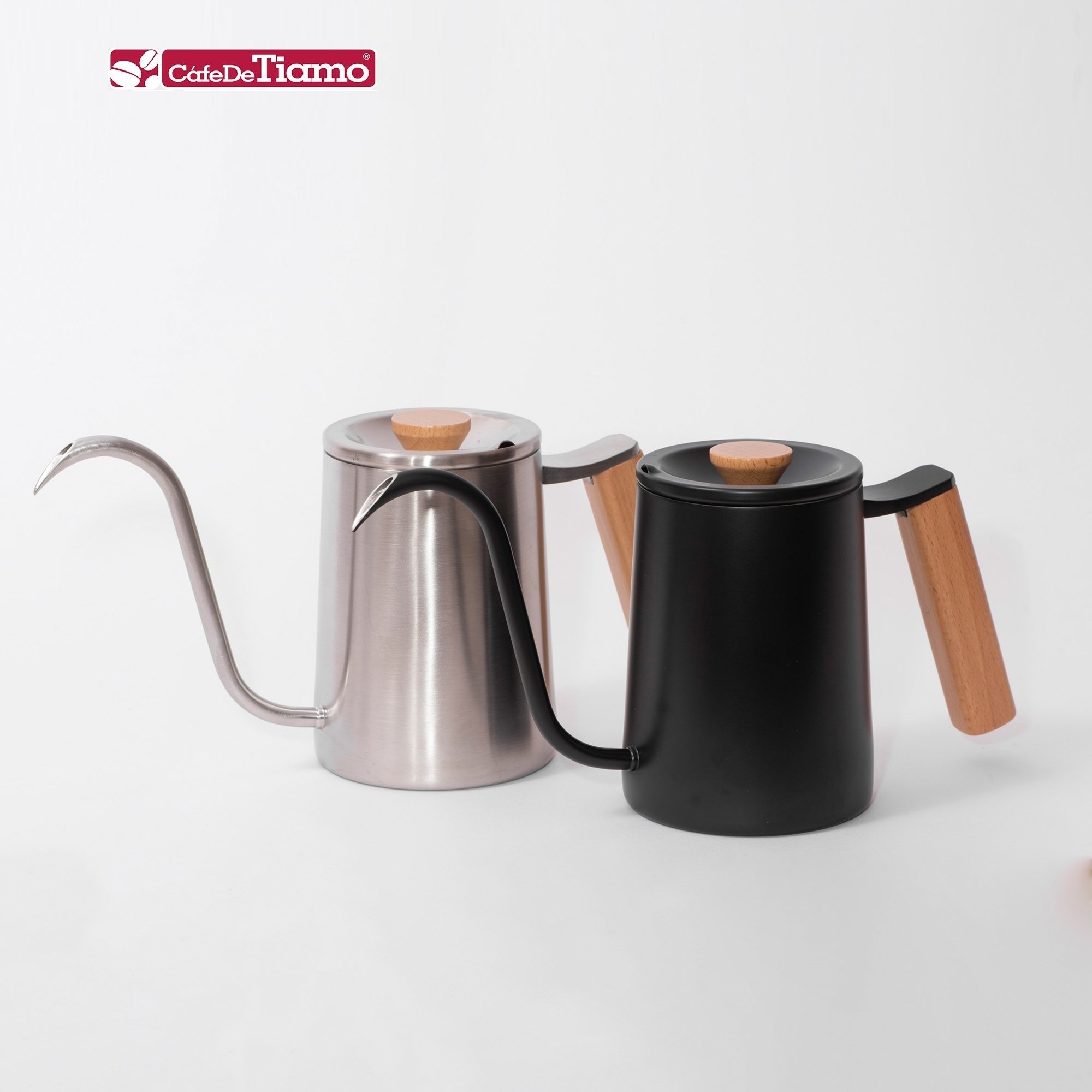 Ấm rót inox 304 tay cầm gỗ vuông pha cà phê tiện lợi Tiamo 600ml
