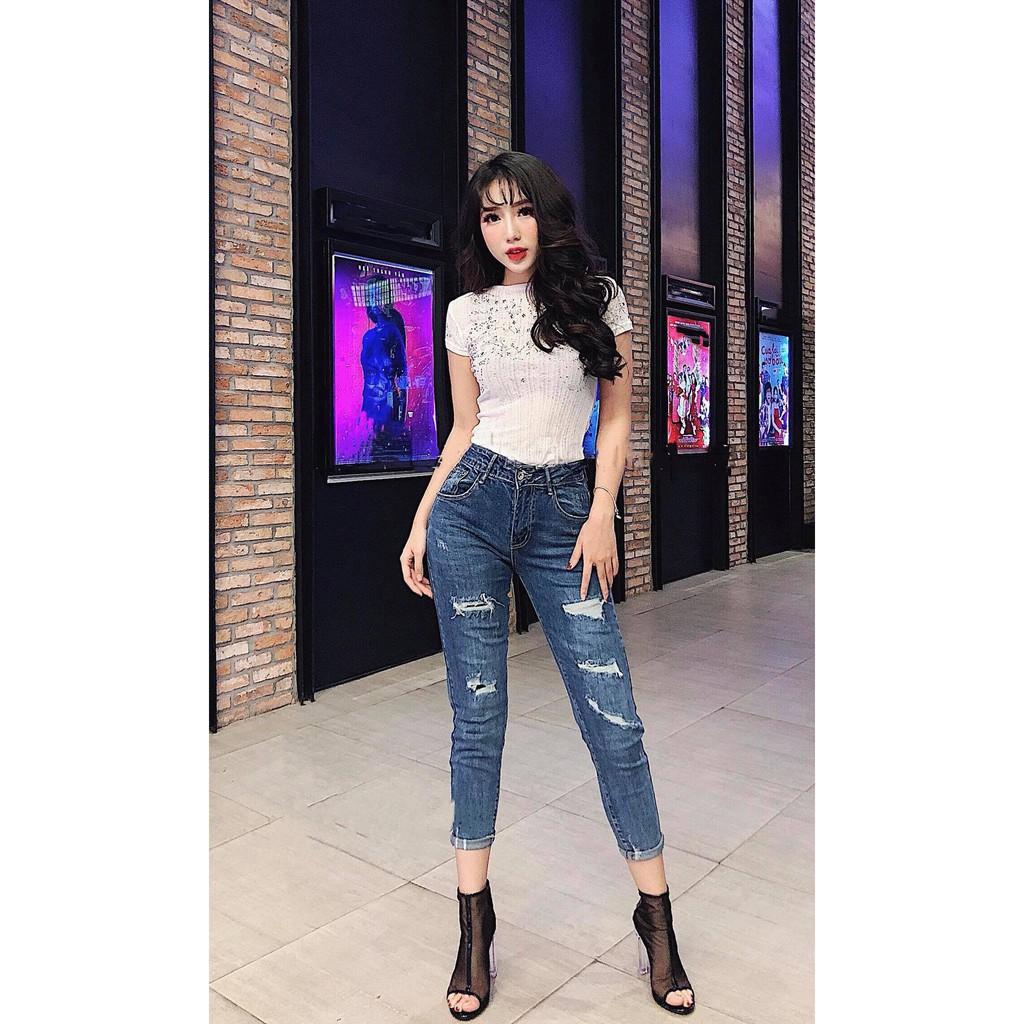 Quần jean dài skinny BIGSIZE lưng cao lai tua, vải co dãn mạnh 3057