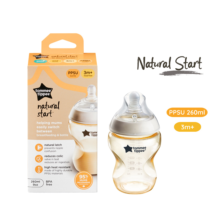 Bình sữa Tommee Tippee Natural Start PPSU ty siêu mềm tự nhiên 260ml, núm ty đi kèm 3 - 6 tháng