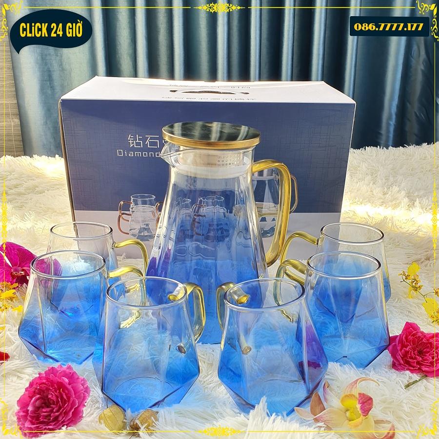 Bộ 1 Bình Và 6 Cốc Thủy Tinh Chịu Nhiệt Diamond Jugs - Màu Xanh