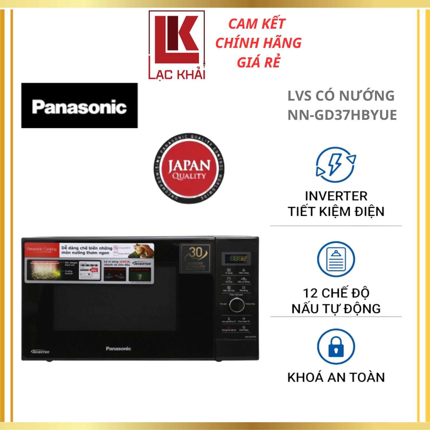 Lò Vi Sóng Inverter Tích Hợp Nướng Panasonic NN-GD37HBYUE - Dung tích 23L, Công suất 1000W, 15 thực đơn tự động, Bảng điền khiển điện tử, Công nghệ Inverter tiết kiệm điện năng - Hàng chính hãng - Bảo Hành Chính Hãng 12 tháng