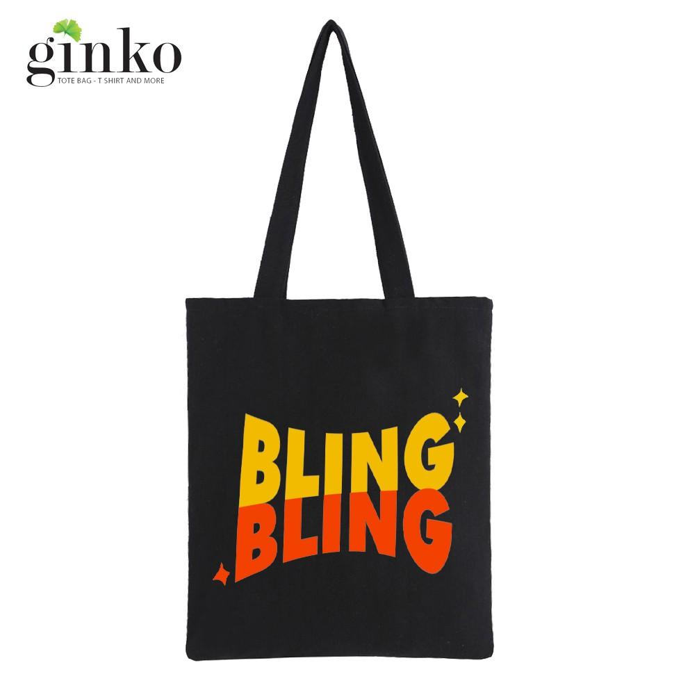 Túi Tote Vải Canvas Ginko kiểu basic có dây kéo khóa miệng túi( có túi con bên trong) đựng vừa laptop 14 inch và nhiều đồ dùng khác Phong Cách ulzzang Hàn Quốc In Hình Bling Bling B41