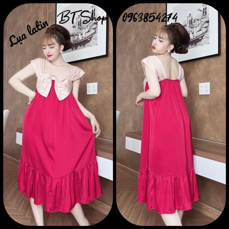 Váy đầm ngủ mặc nhà lụa latin nơ màu trơn freesize 42-57kg