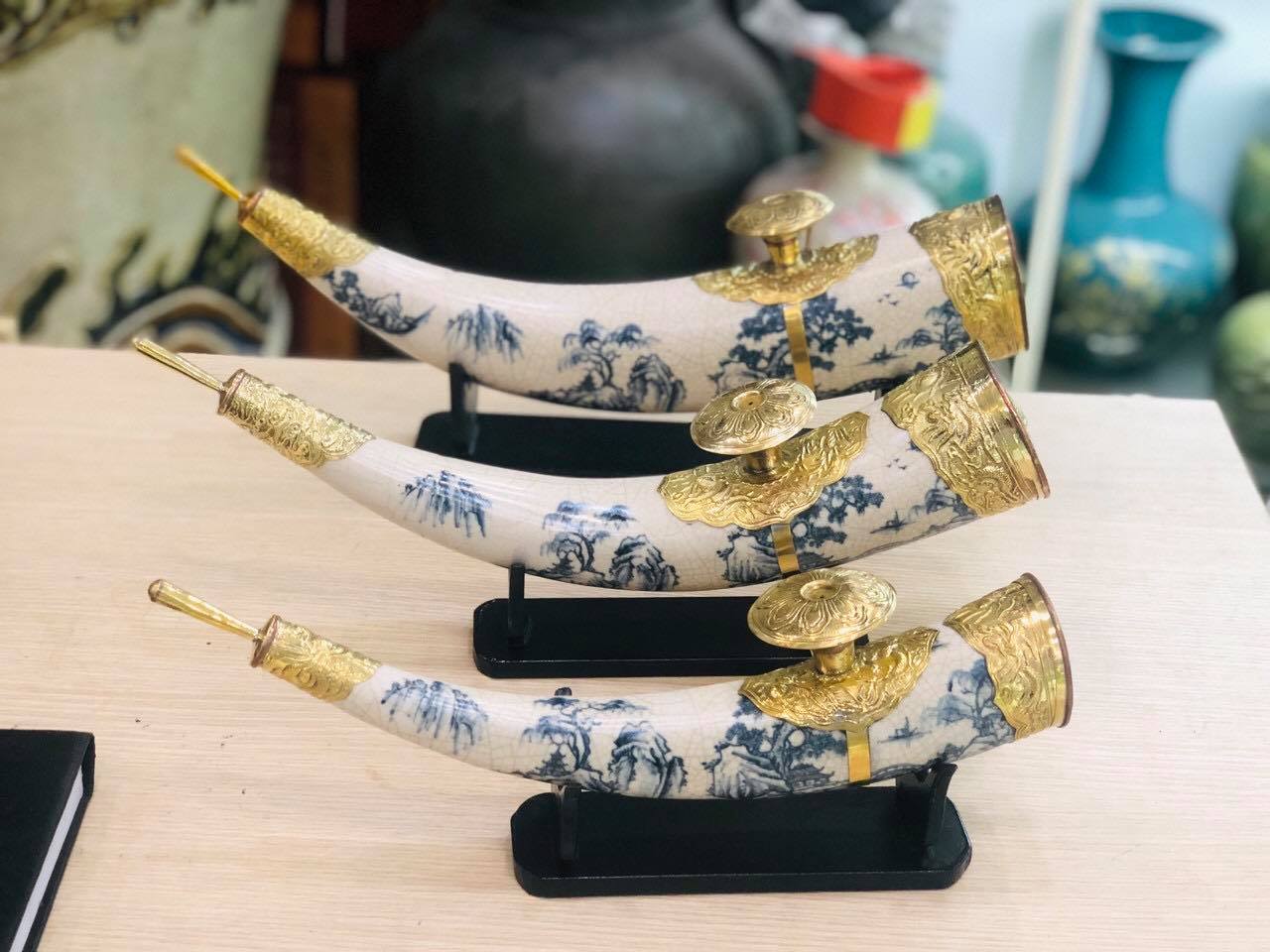 Bộ 2 Điếu Ngà Men Rạn Cổ Bọc Đồng