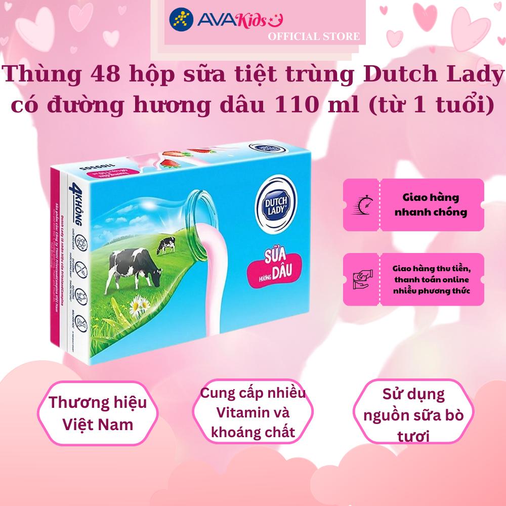 Thùng 48 hộp sữa tiệt trùng Dutch Lady có đường hương dâu 110 ml (từ 1 tuổi)