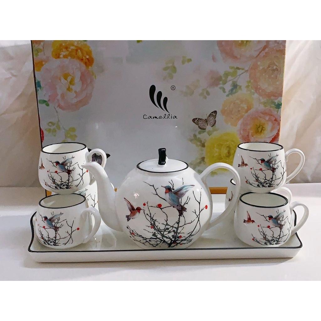 BỘ ẤM CHÉN PHA TRÀ KÈM KHAY SỨ HOA TIẾT HOA