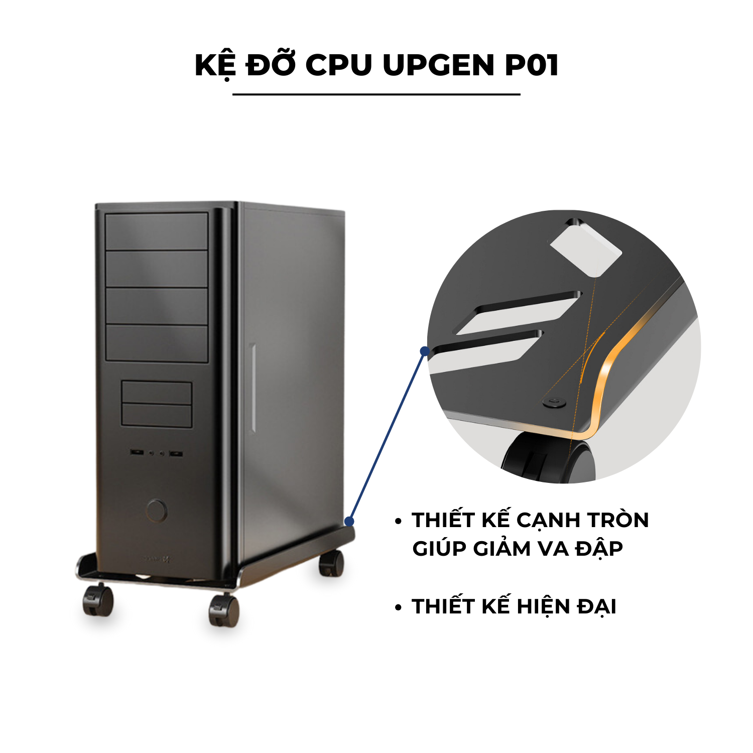 Chân đế PC UPGEN P01 - Chân để CPU - Kệ đỡ CPU đứng có bánh xe và lỗ tản nhiệt không thấm nước hàng chính hãng