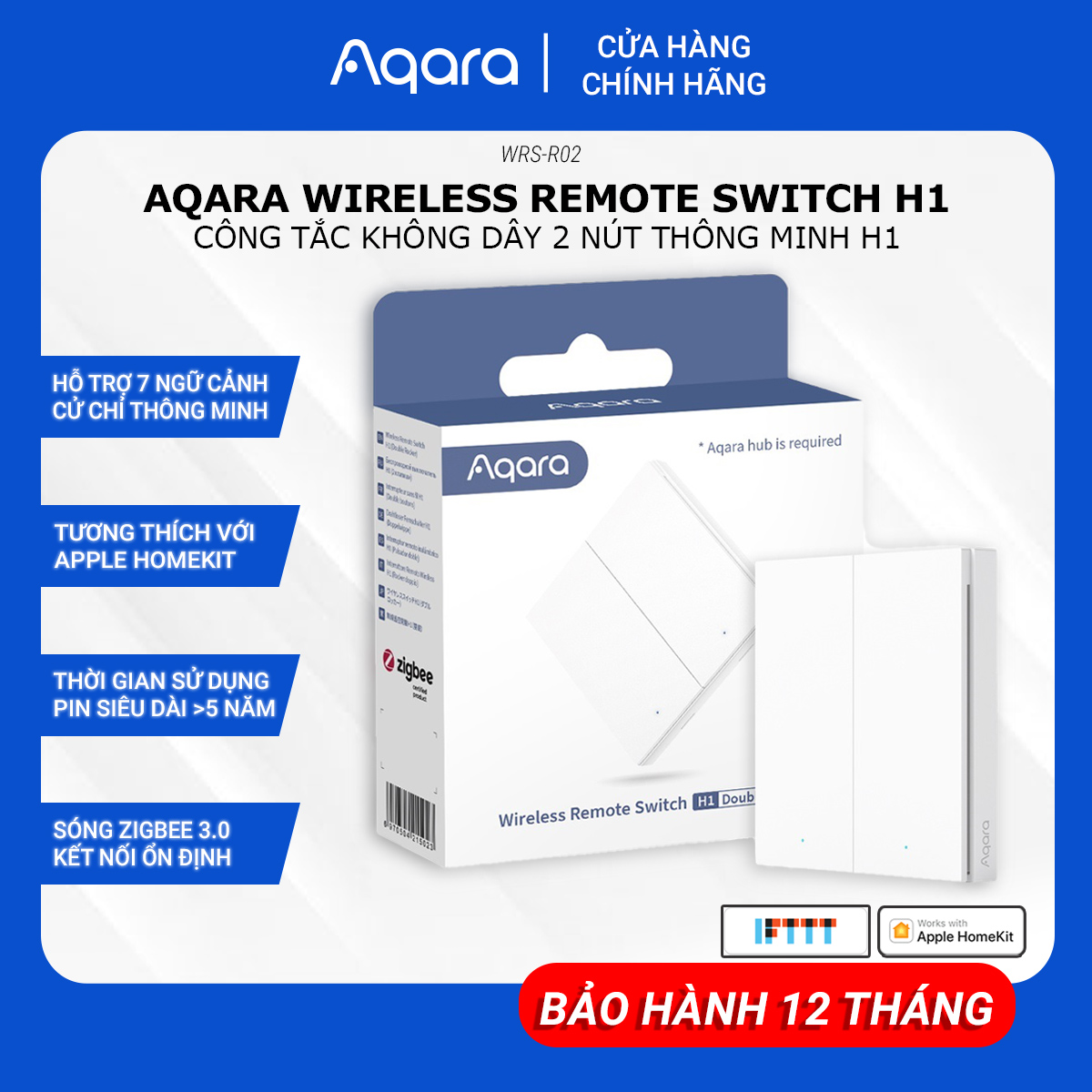 Công Tắc 2 Nút Thông Minh Không Dây Ngữ Cảnh AQARA H1 Zigbee Bản Quốc Tế Tương Thích HomeKit Cần Hub Hàng Chính Hãng, BH 12 Tháng