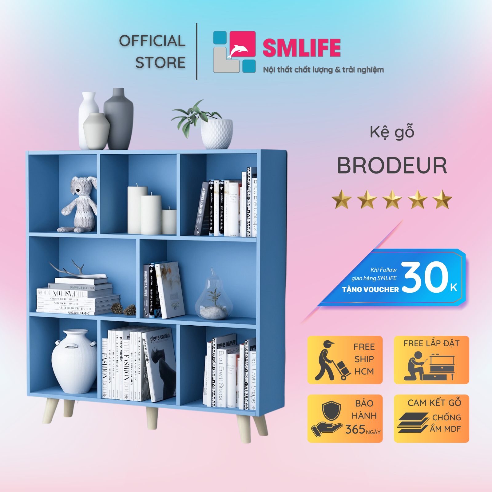 Giá sách bằng gỗ trang trí gia đình SMLIFE Brodeur