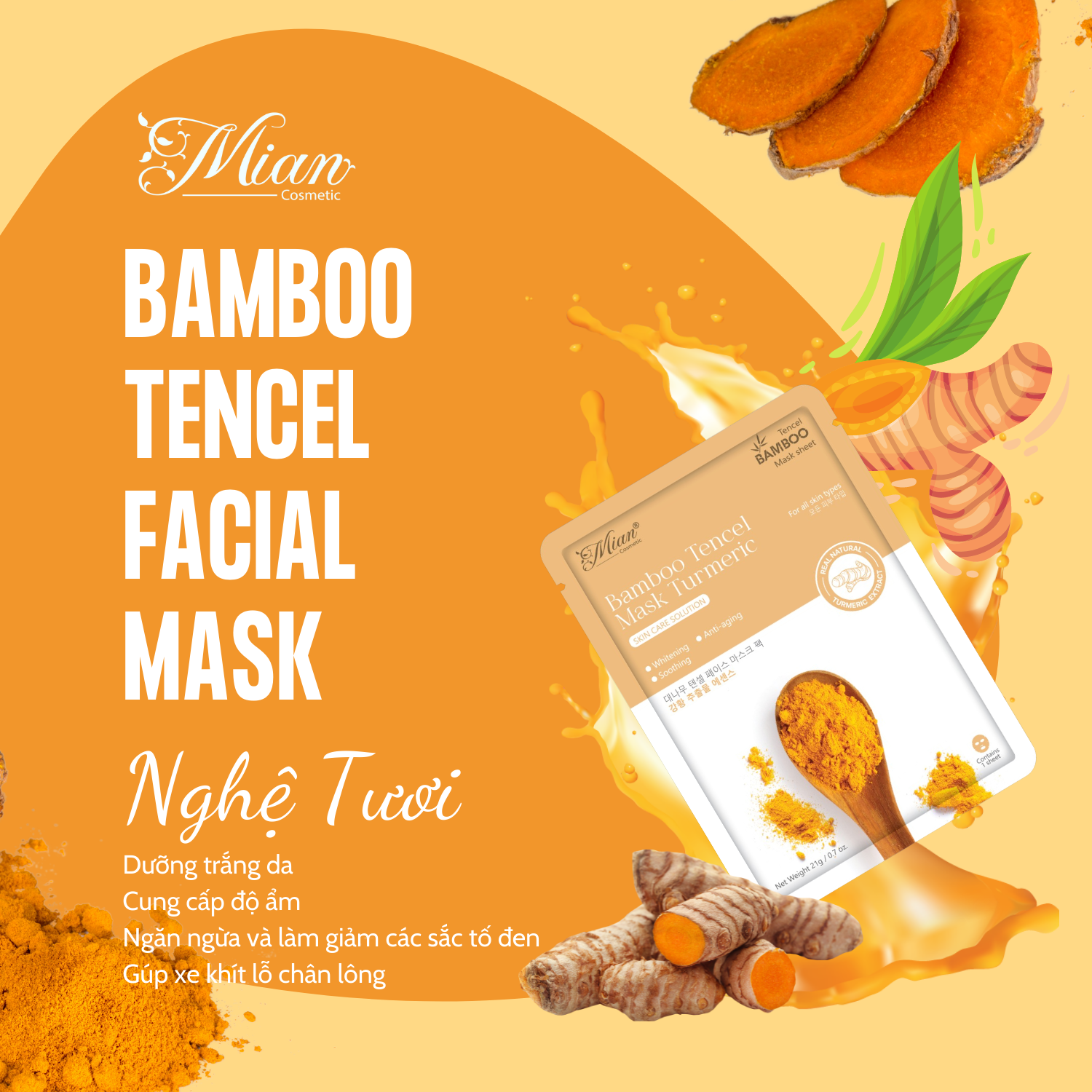 Mặt Nạ Dưỡng Da Mian Bamboo Tencel Mask Turmeric Chiết Xuất Nghệ Tươi 21g