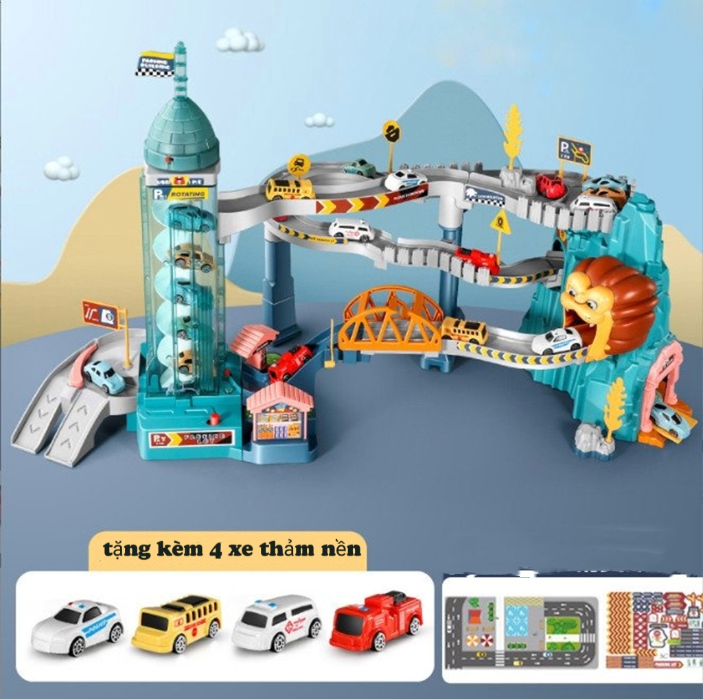 Bộ đồ chơi đường đua kết hợp hầm sư tử chạy pin có nhạc kèm 4 xe chạy tự động