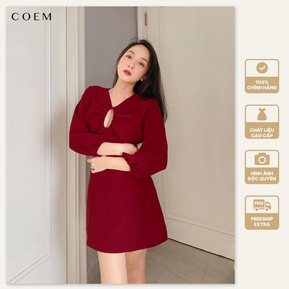 Váy Nữ Dài Tay Midi Cổ Khoét Cách Điệu Màu Đỏ CO EM Chất Liệu Linen Dày Dặn Phong Cách Nhẹ Nhàng Nữ tính Thanh Lịch