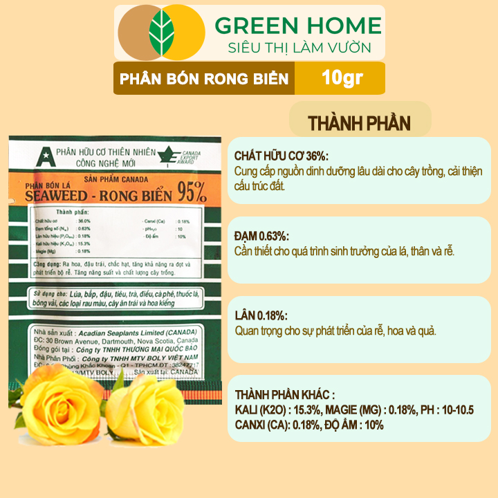 Phân Bón Lá Rong Biển GreenHome, Seaweed, Gói 10gr, Hữu Cơ, Ra Hoa, Đậu Trái, Chắc Hạt, Tăng Khả Năng Ra Đọt, Tốt Rễ