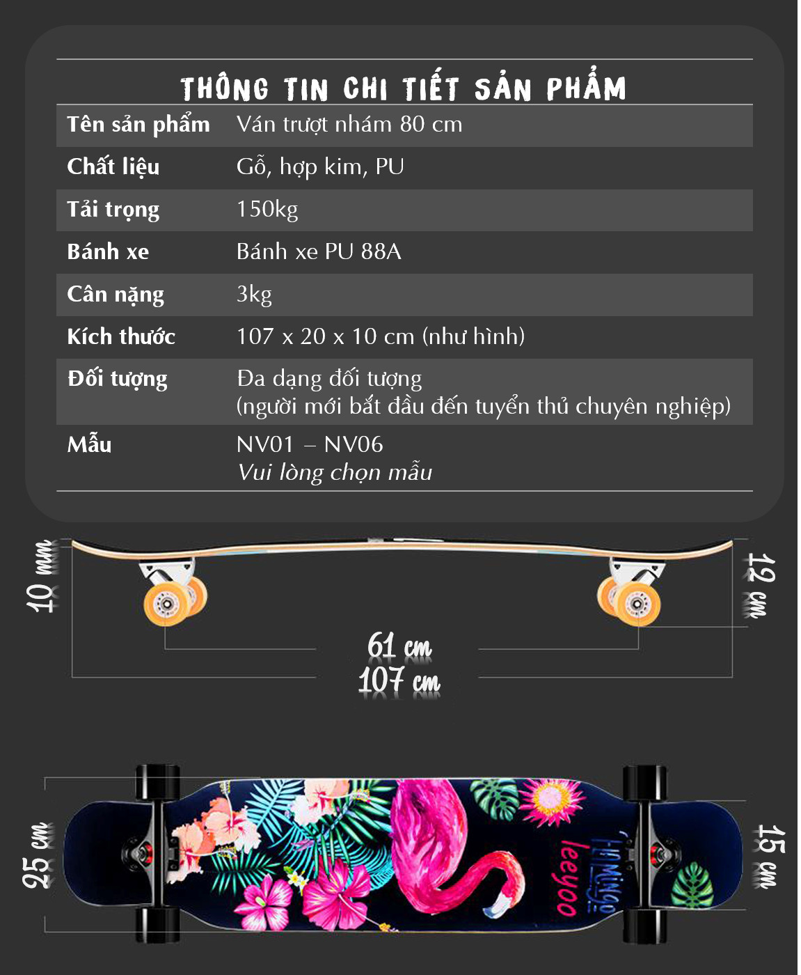 Ván Trượt Thể Thao Sport &amp; Dancing Longboard Skating 107 cm - Ván Trượt Có Nhám Chống Trượt, Ván Trượt Gỗ Chống Nước Cực Tốt Chịu Lực Tốt, Ván trượt Nữ