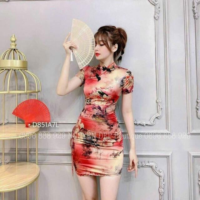 Sườn xám hoạ tiết hoa xinh lung linh kèm hình thật