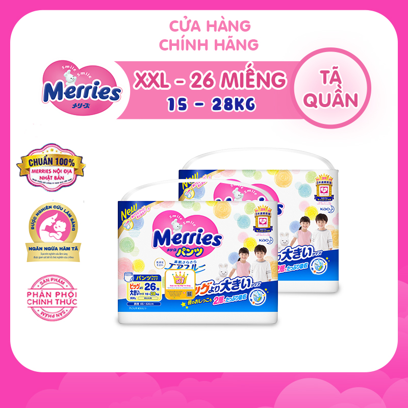 Combo 2 Tã/bỉm quần Merries size XXL - 26 miếng (Cho bé 15 - 28kg)