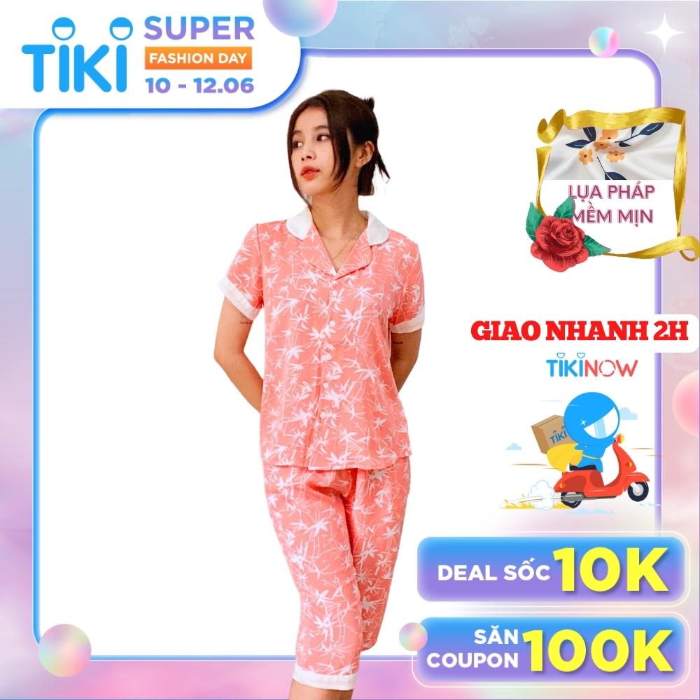 Bộ đồ Pyjama nữ, đồ mặc nhà lụa VILADY - B145 Quần Lửng Tay Cộc Họa Tiết Lá Màu Hồng cam, chất liệu lụa Mango cao cấp