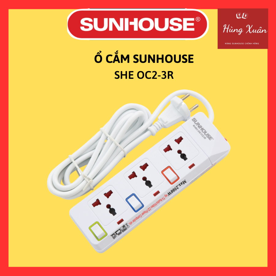 Ổ cắm điện Sunhouse 3 lỗ 3 chấu 2.5m SHE-OC2-3R - Hàng Chính Hãng