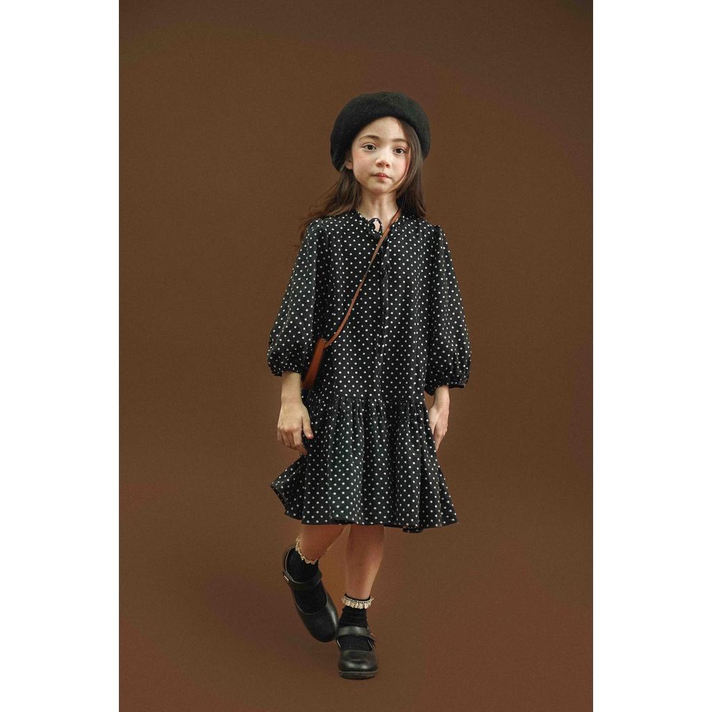 Đầm bé gái dài tay suông nấm cổ thắt nơ chấm bi - Mary dress - Xanh Navy