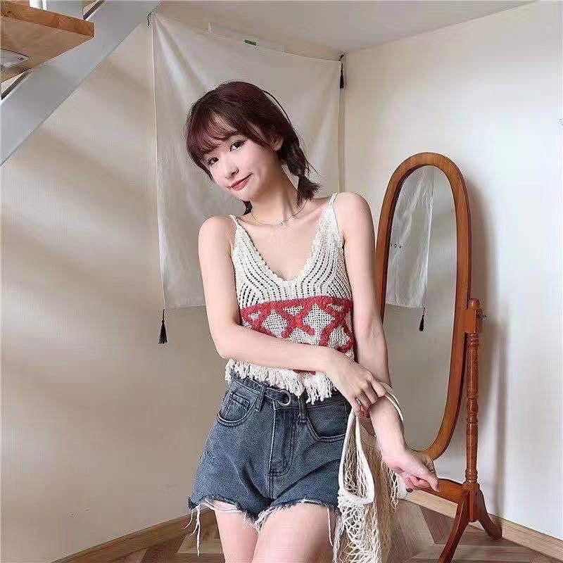 Áo 2 dây 2s len móc tua rua đi biển thêu chữ X
