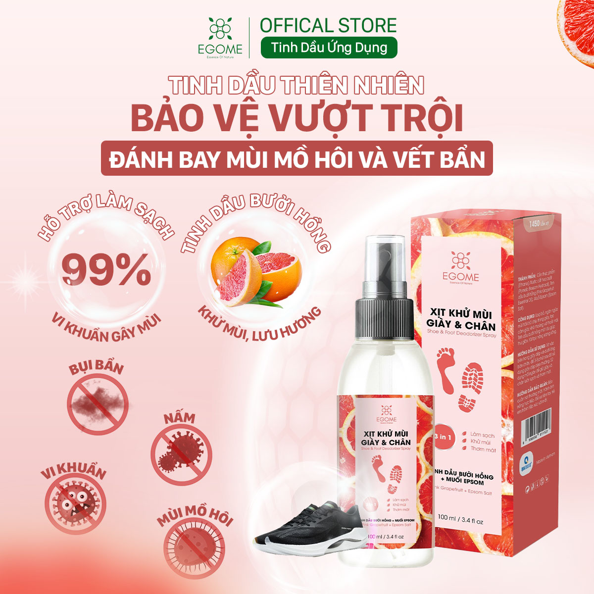 Xịt Khử Mùi Giày Và Chân Egome Tinh Dầu Bưởi Hồng làm sạch và thơm mát 100ml